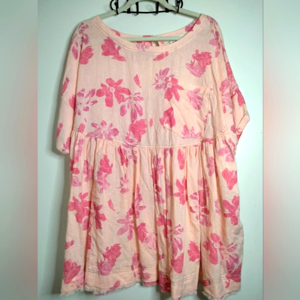 We The Free (Sz L) Floral Pink Linen Blend Slip Pocket Babydoll Tiered Tunic Top